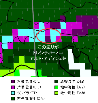 トレンティーノ・アルト・アディジェ州気候区分地図