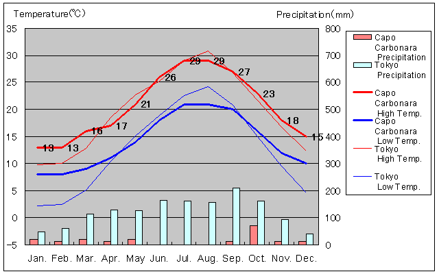 カルボナーラ岬気温、一年を通した月別気温グラフ