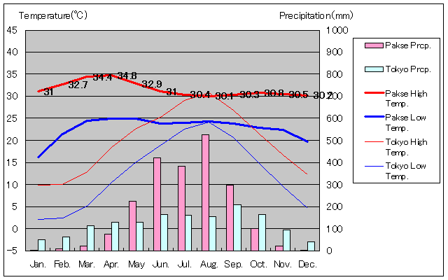 パクセ気温、一年を通した月別気温グラフ