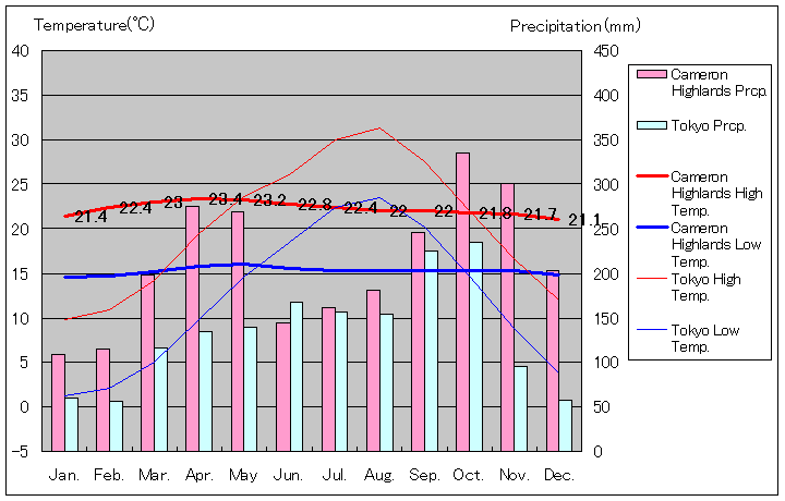 キャメロン・ハイランド気温、一年を通した月別気温グラフ