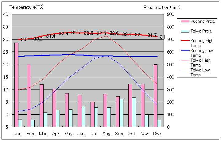 クチン気温、一年を通した月別気温グラフ