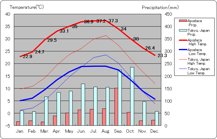 アポダカ気温、一年を通した月別気温グラフ