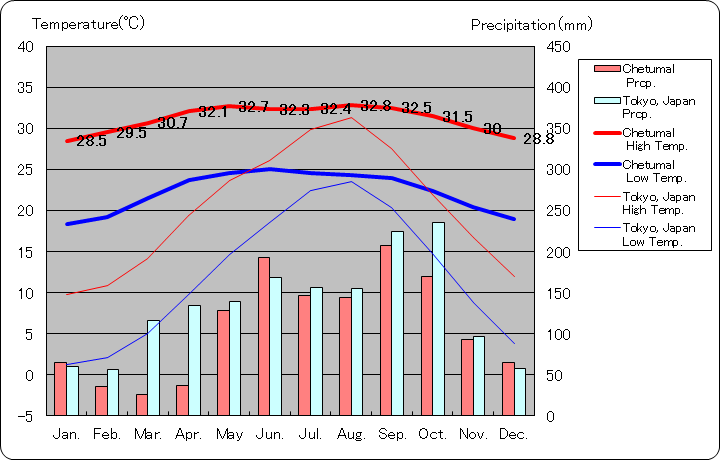 チェトゥマル気温、一年を通した月別気温グラフ