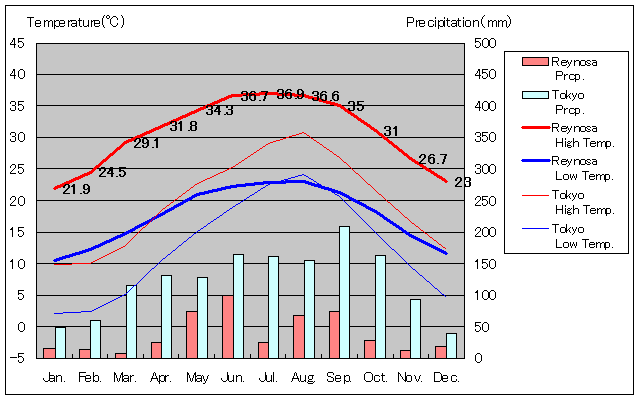 レイノサ気温、一年を通した月別気温グラフ