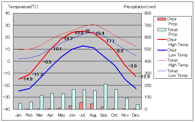 チョイル気温、一年を通した月別気温グラフ