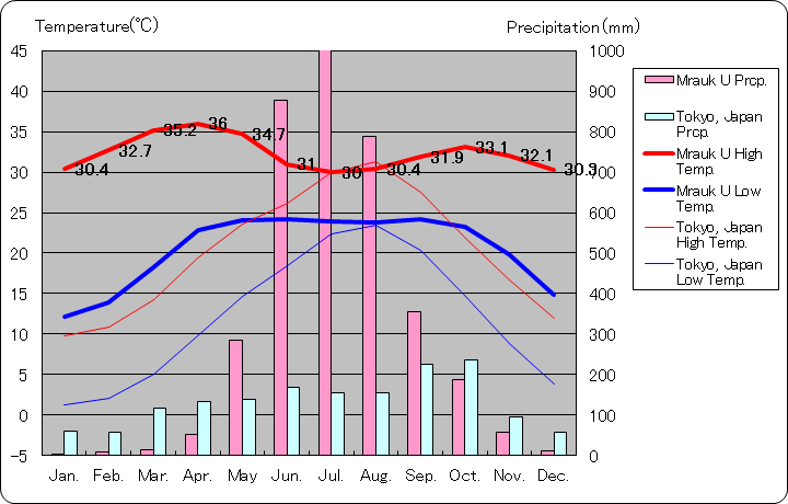 ミャウウー気温、一年を通した月別気温グラフ