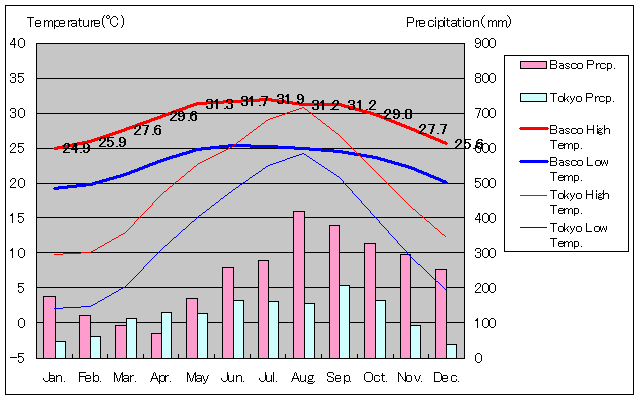 バスコ気温、一年を通した月別気温グラフ