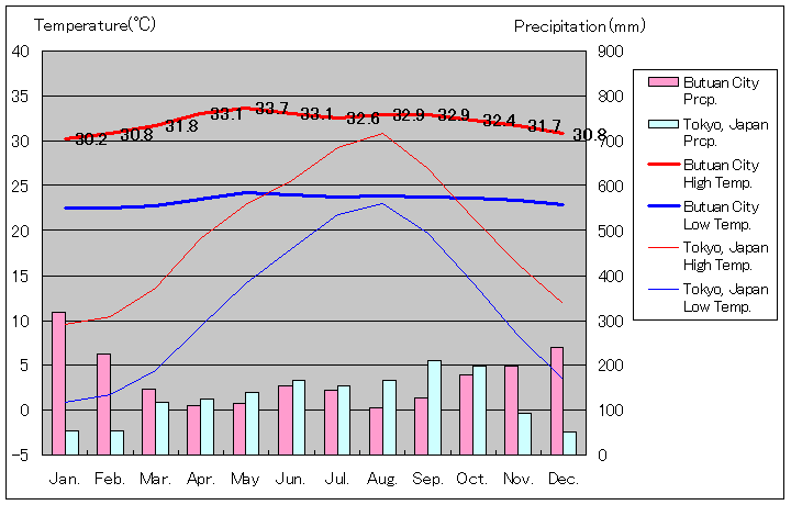 ブトゥアン・シティ気温、一年を通した月別気温グラフ