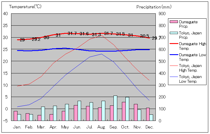 ドゥマゲテ気温、一年を通した月別気温グラフ