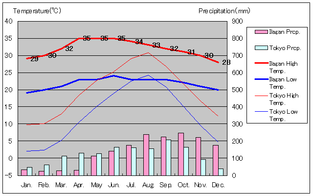 イラガン気温、一年を通した月別気温グラフ