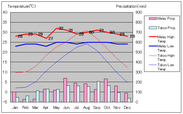 マライ気温、一年を通した月別気温グラフ