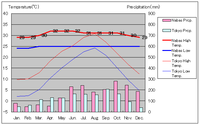 ナバス気温、一年を通した月別気温グラフ