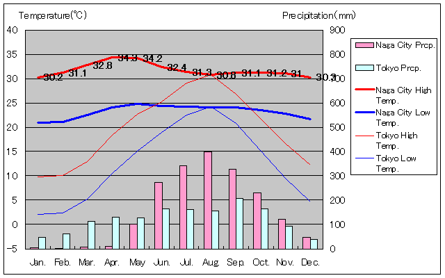 ナガ・シティ気温、一年を通した月別気温グラフ