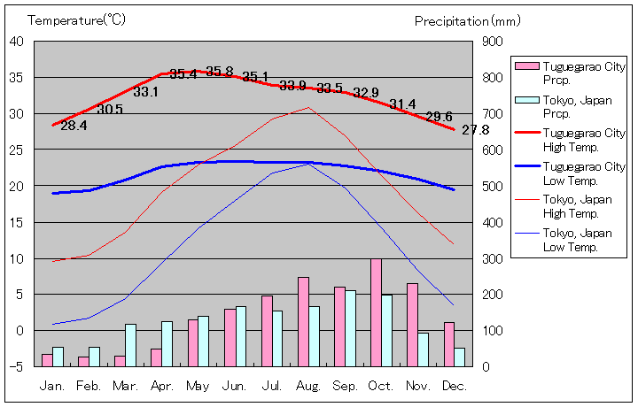 トゥゲガラオ・シティ気温、一年を通した月別気温グラフ