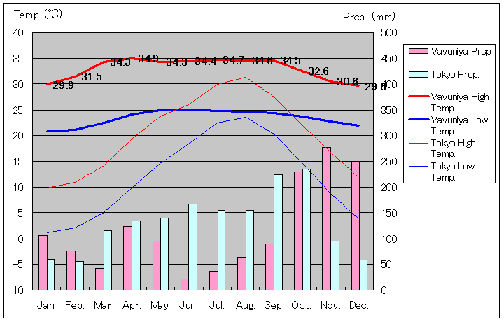 バブニヤ気温、一年を通した月別気温グラフ