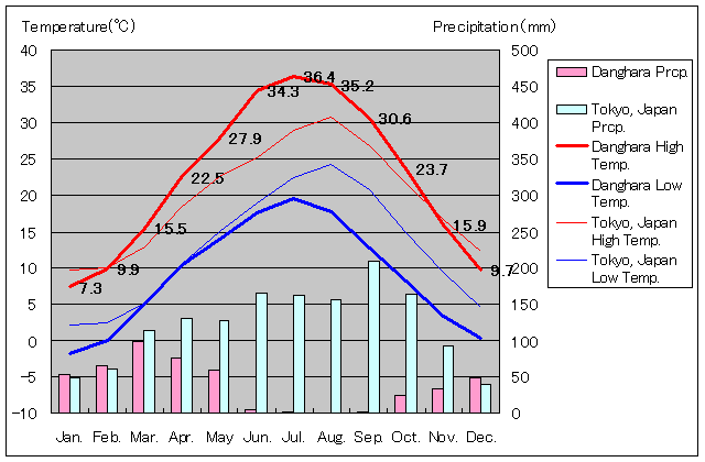 ダンガラ気温、一年を通した月別気温グラフ