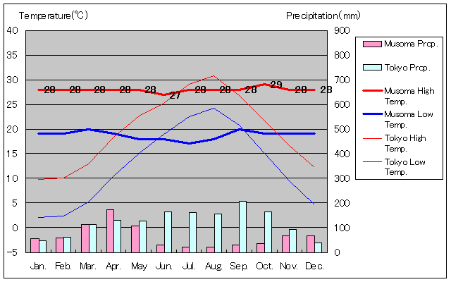 ムソマ気温、一年を通した月別気温グラフ