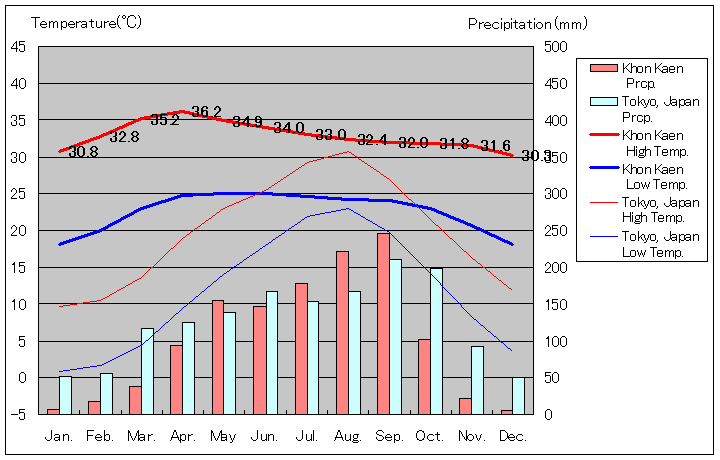 コーンケーン気温、一年を通した月別気温グラフ