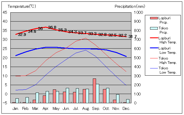 ロッブリー気温、一年を通した月別気温グラフ