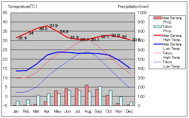 メーサリアン気温、一年を通した月別気温グラフ