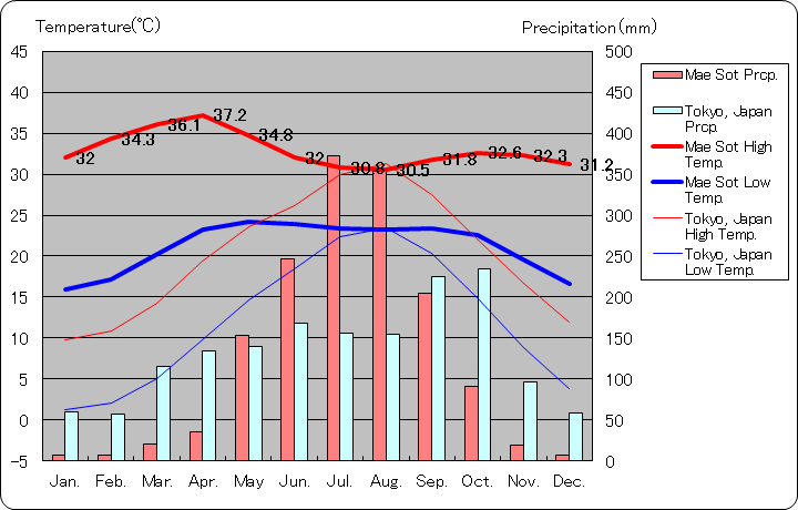 メーソート気温、一年を通した月別気温グラフ
