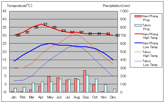 ナムポーン気温、一年を通した月別気温グラフ