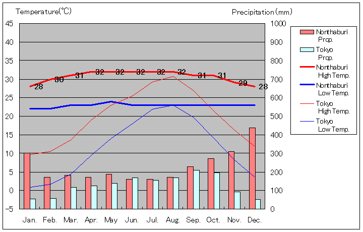 ノンタブリー気温、一年を通した月別気温グラフ