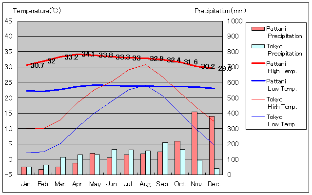 パッタニー気温、一年を通した月別気温グラフ