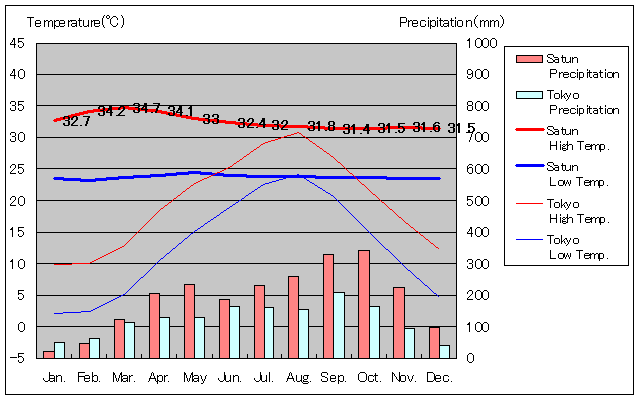 サトゥーン気温、一年を通した月別気温グラフ