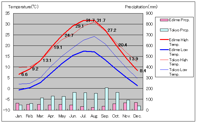 エディルネ気温、一年を通した月別気温グラフ