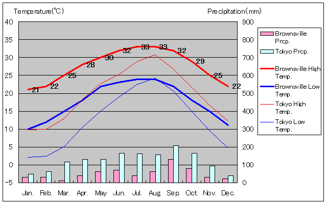 ブラウンズビル気温、一年を通した月別気温グラフ