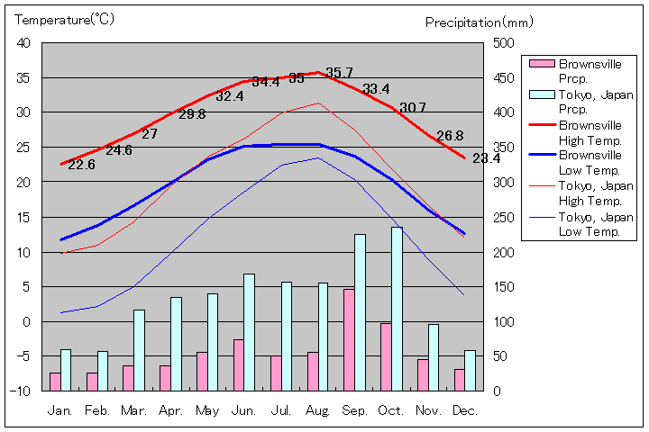 ブラウンズビル気温、一年を通した月別気温グラフ