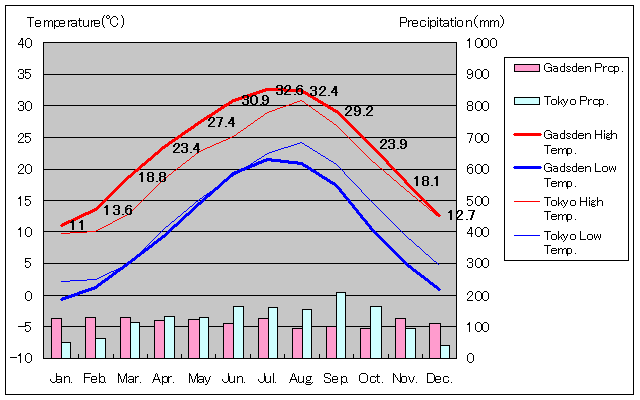 ガズデン気温、一年を通した月別気温グラフ