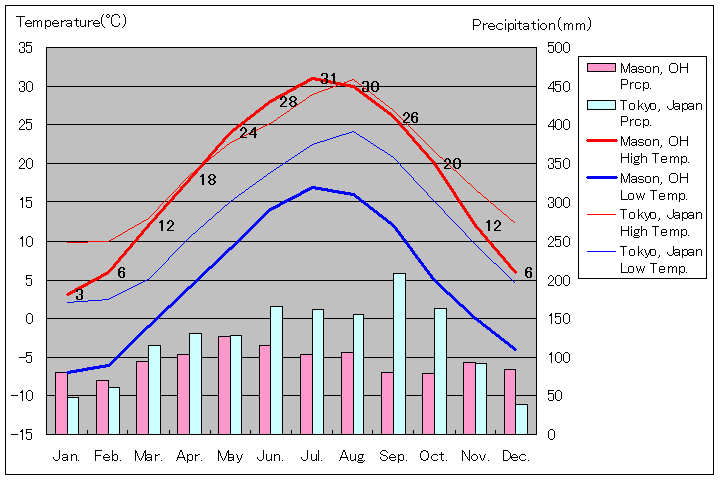 メーソン気温、一年を通した月別気温グラフ