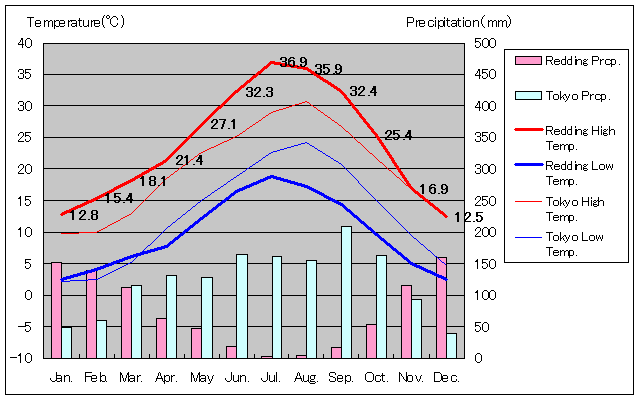 レディング気温、一年を通した月別気温グラフ