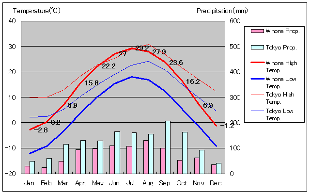 ウィノナ気温、一年を通した月別気温グラフ