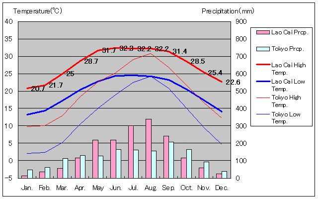 ラオカイ気温、一年を通した月別気温グラフ
