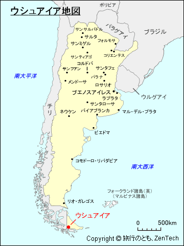 アルゼンチンにおけるウシュアイア地図