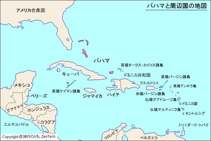 バハマと周辺国の地図 バハマと周辺国の地図