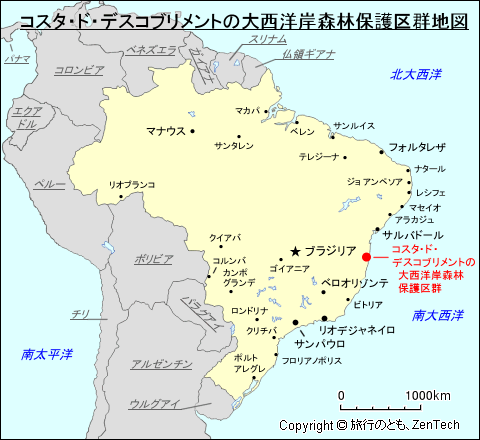 コスタ・ド・デスコブリメントの大西洋岸森林保護区群地図
