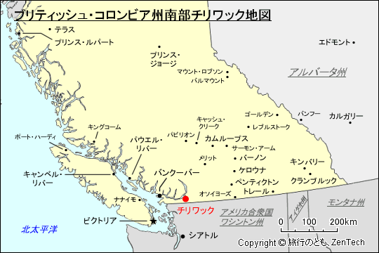 ブリティッシュ・コロンビア州南部チリワック地図