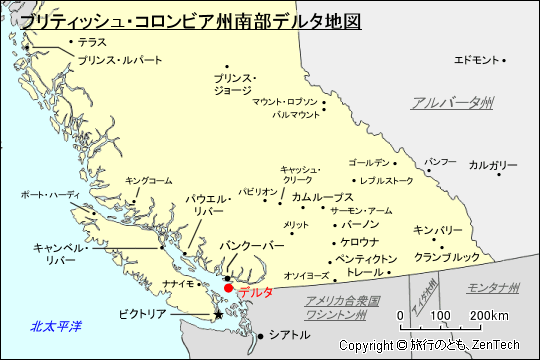 ブリティッシュ・コロンビア州南部デルタ地図