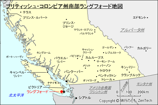 ブリティッシュ・コロンビア州南部ラングフォード地図