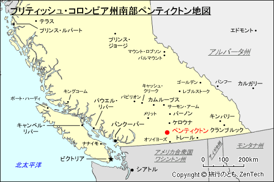 ブリティッシュ・コロンビア州南部ペンティクトン地図