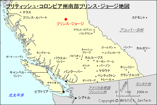 ブリティッシュ・コロンビア州南部プリンス・ジョージ地図