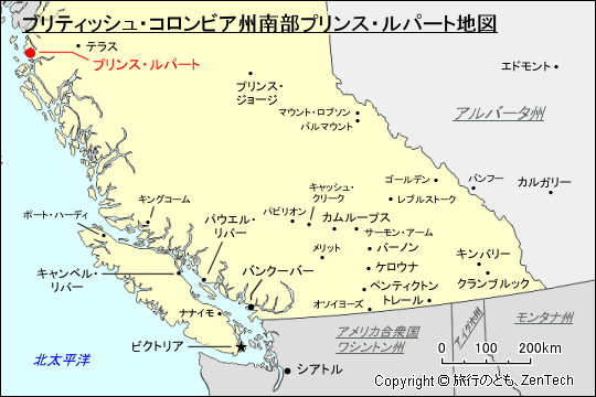 ブリティッシュ・コロンビア州南部プリンス・ルパート地図