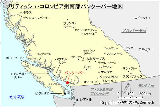 ブリティッシュ・コロンビア州南部バンクーバー地図