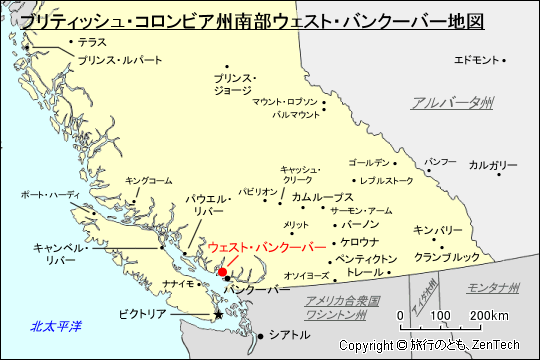 ブリティッシュ・コロンビア州南部ウェスト・バンクーバー地図