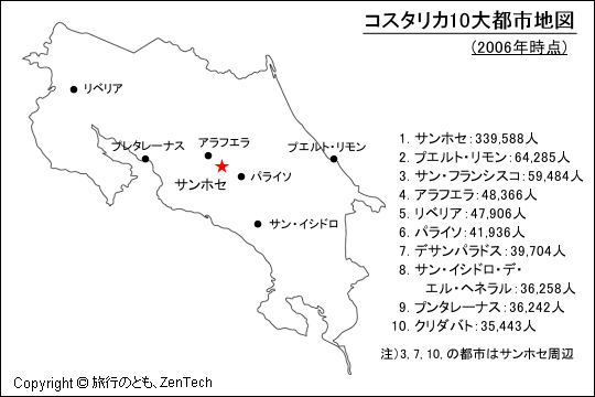 コスタリカ10大都市地図 コスタリカ10大都市地図