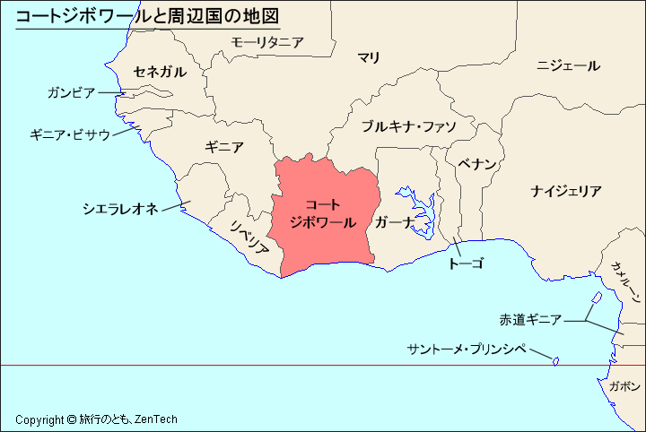 コートジボワールと周辺国の地図 コートジボワールと周辺国の地図